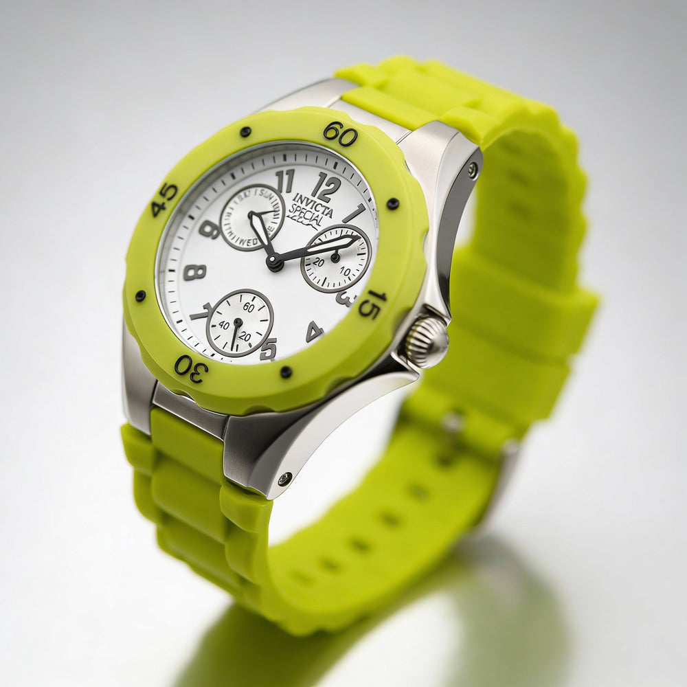 Reloj Invicta para mujer, informal, de cuarzo, con esfera blanca, correa de silicona verde lima y caja de acero inoxidable de 38 mm.