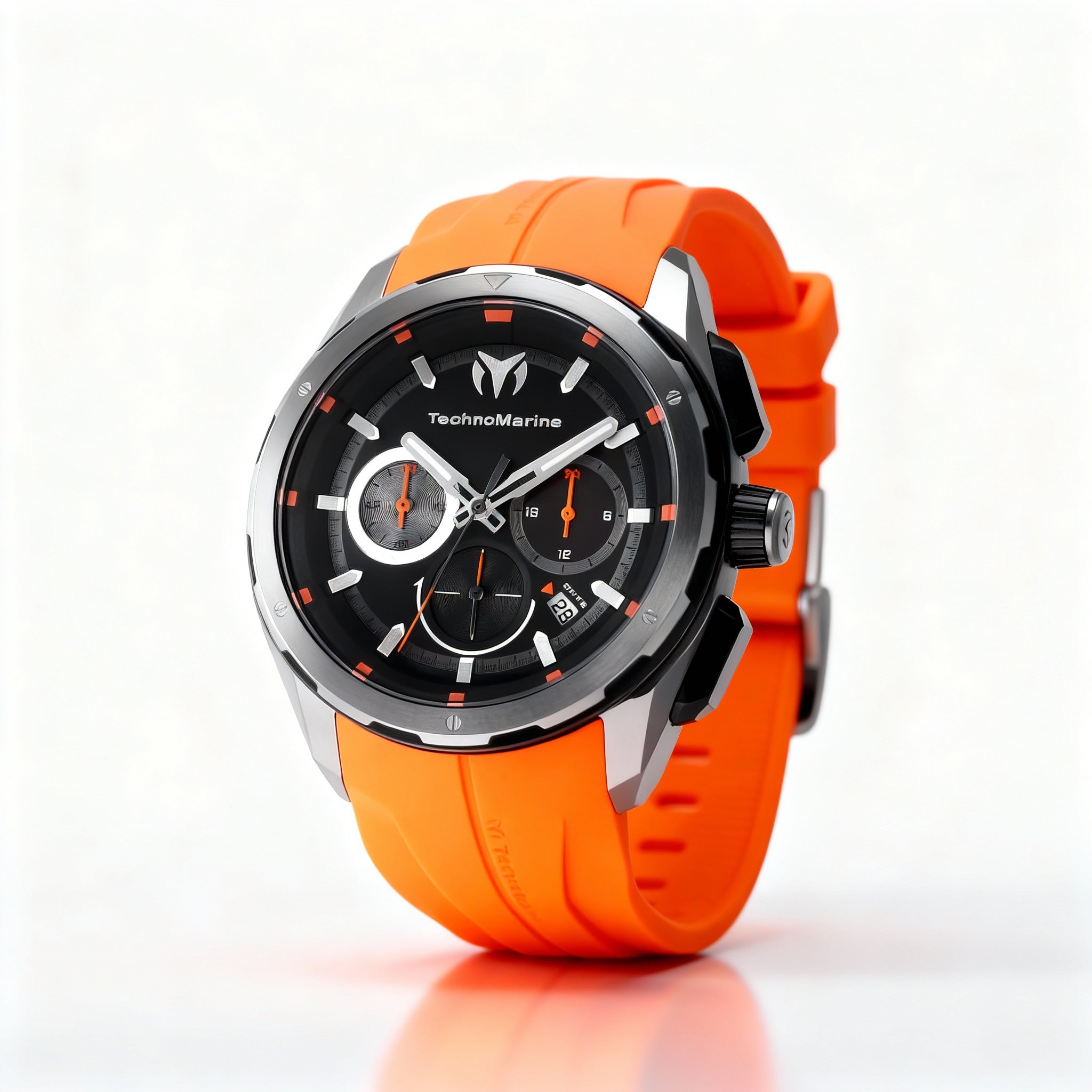 TechnoMarine OCEAN - NOMAD TM-318099 Unisex 43mm Stainless Steel Quartz Watch, Black Dial, Orange Silicone Strap
