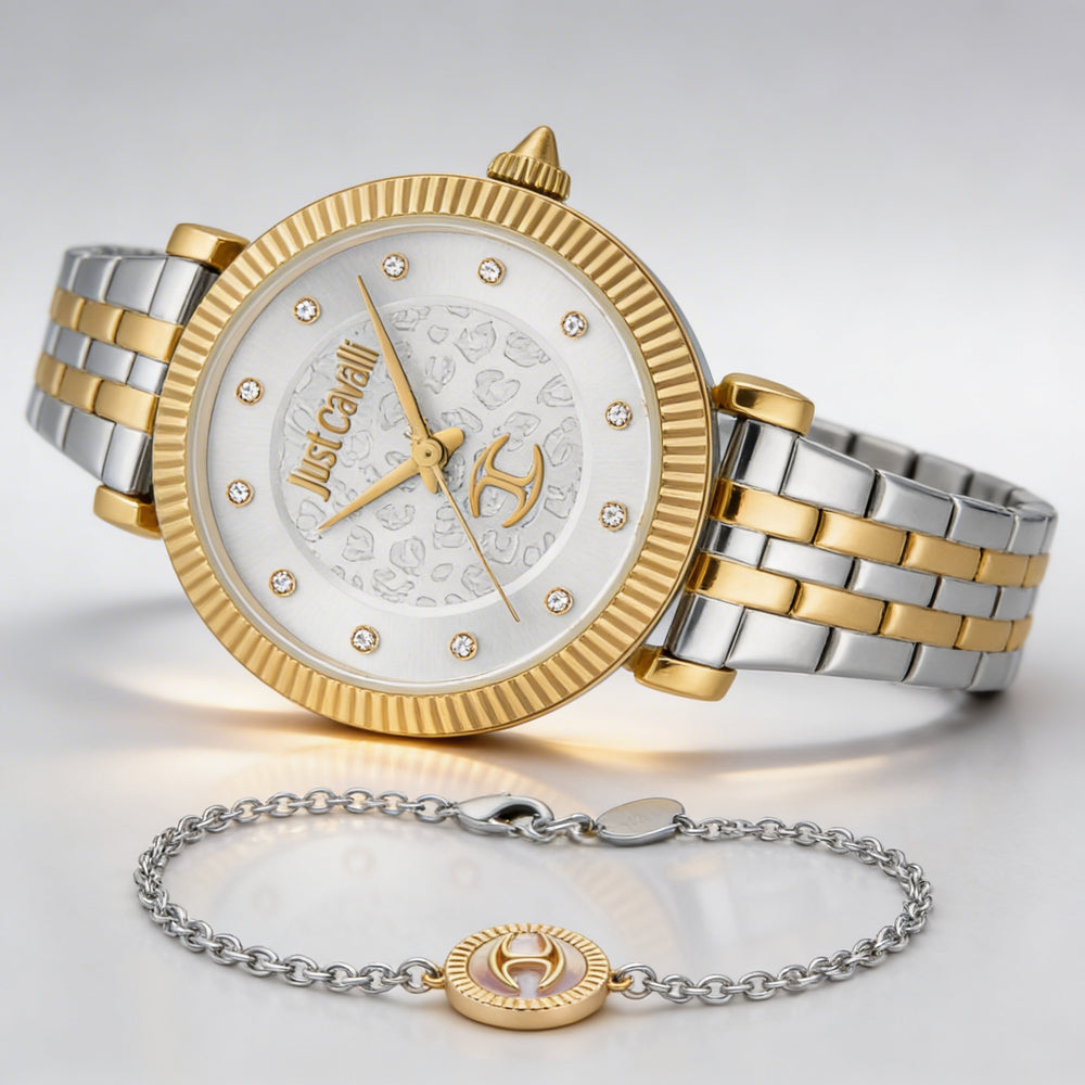 Just Cavalli JC1L266M0055 Unisex Watch with Grey Silver Dial, Yellow Gold Stainless Steel Strap, Shock Resistant Quartz