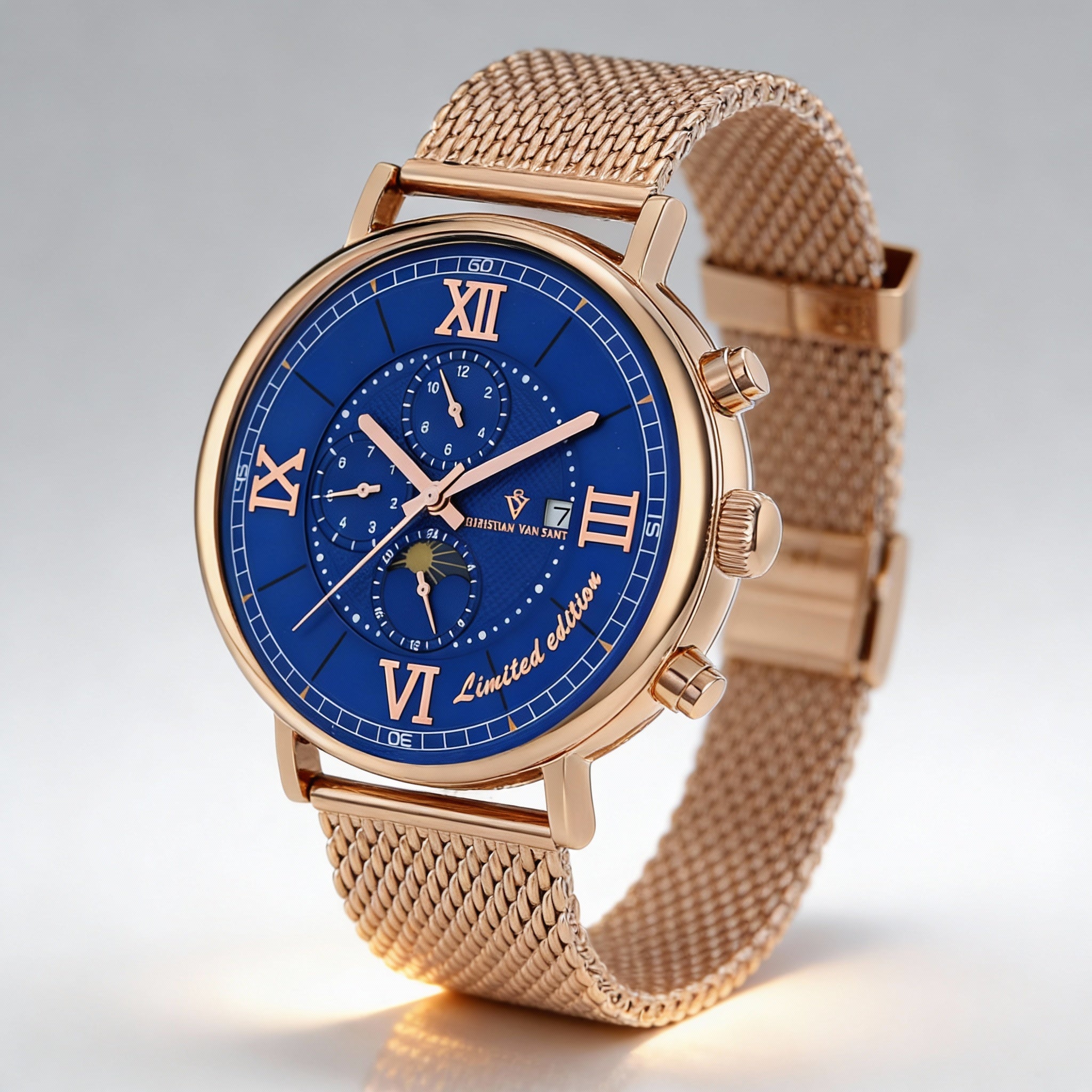 Reloj automático Christian Van Sant para hombre con esfera azul y pulsera de malla de acero inoxidable, Photo 1