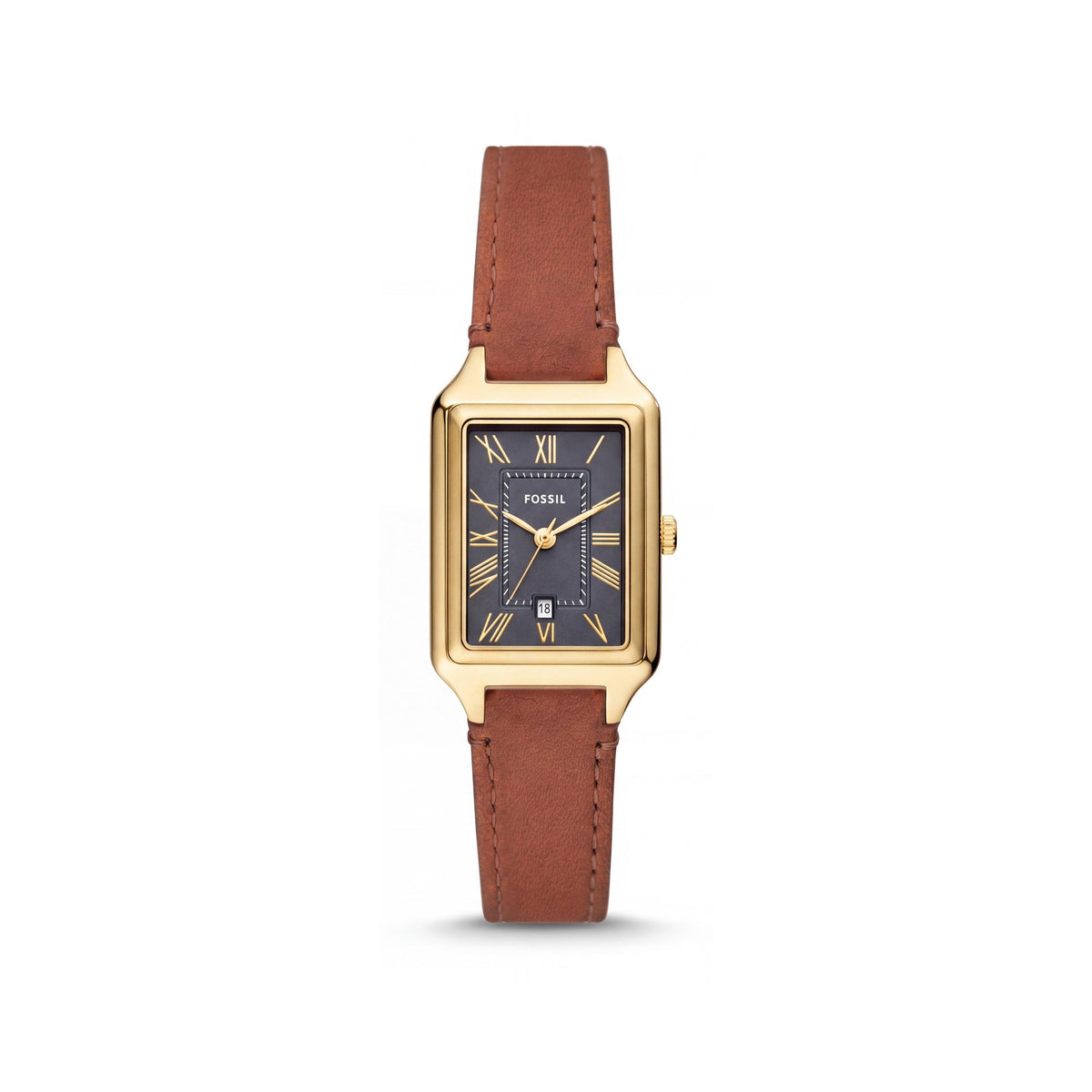 Fossil Women's Raquel Three-Hand Date LiteHide™ Leather Watch ES5303, Gold Rectangular Case, Gray Dial 23mm, Photo 1