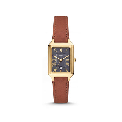 Fossil Women's Raquel Three-Hand Date LiteHide™ Leather Watch ES5303, Gold Rectangular Case, Gray Dial 23mm