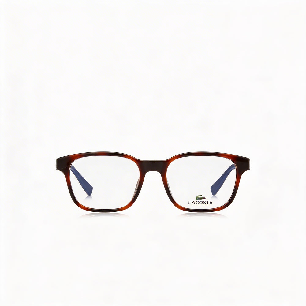 Gafas ópticas unisex modernas Lacoste con montura de plástico color Habana y lentes de 49 mm de ancho.