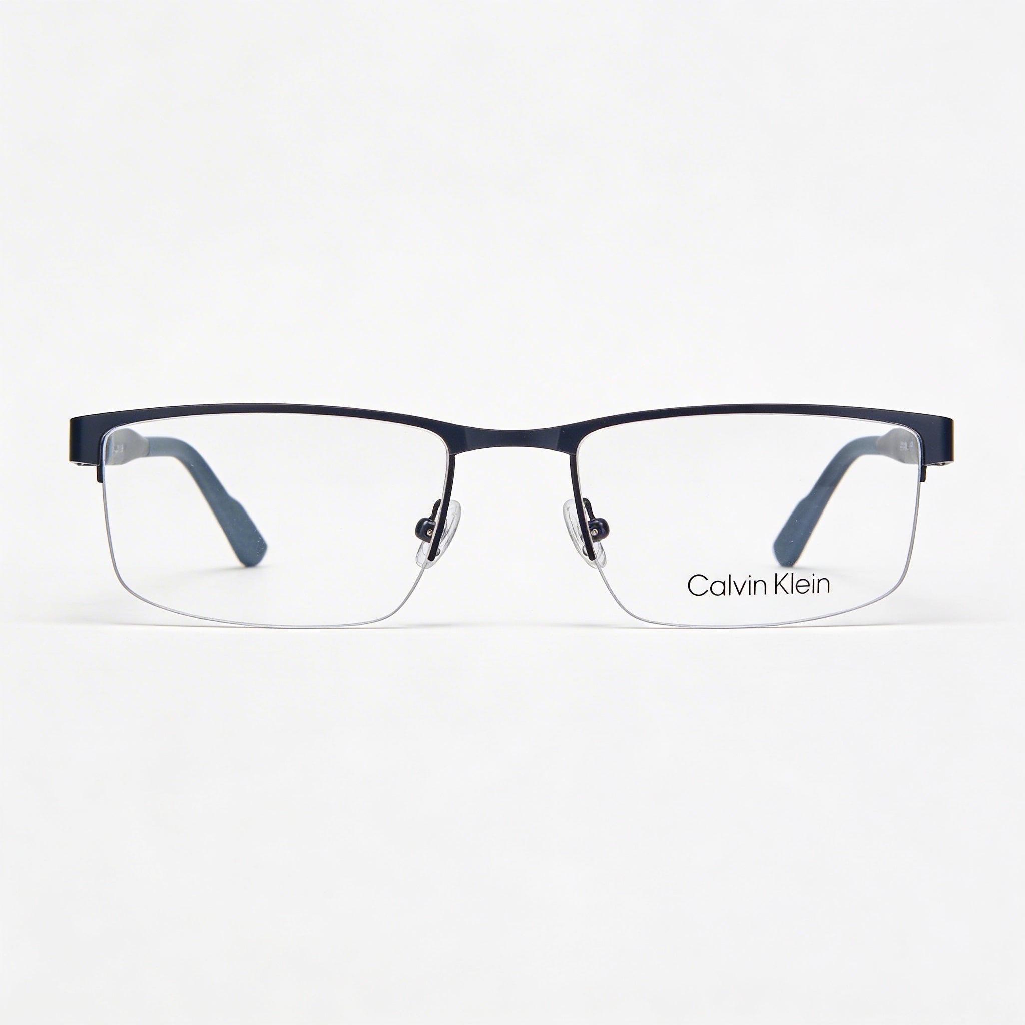 Calvin Klein Classic Unisex Dark Blue Metal Semi-Rimless Rectangle Eyeglasses with Polycarbonate Clear Demo Lenses 55mm, Photo 1