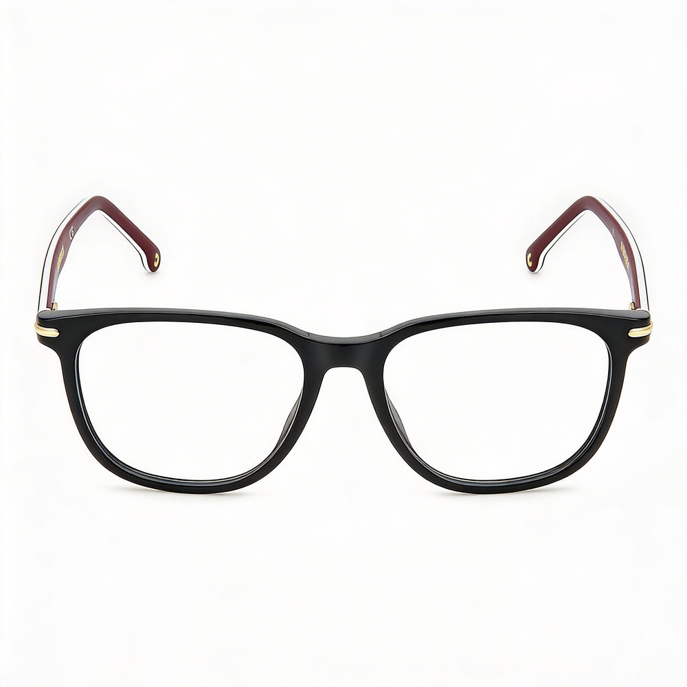 Montura de gafas Carrera 308 unisex fabricada en plástico con franjas negras, con lentes no polarizadas y un ancho de lente de 53 mm