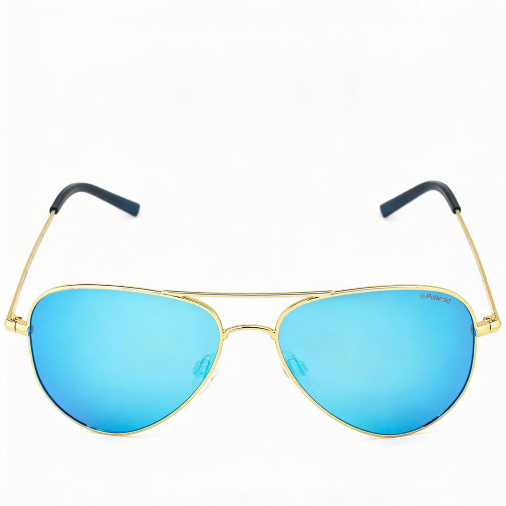 Polaroid Gafas de Sol de Aviador para Hombre, Montura Metálica Dorada, Lentes Antirreflectantes Grises y Azules Espejados, Protección UV 400, Ancho de Lente 54mm