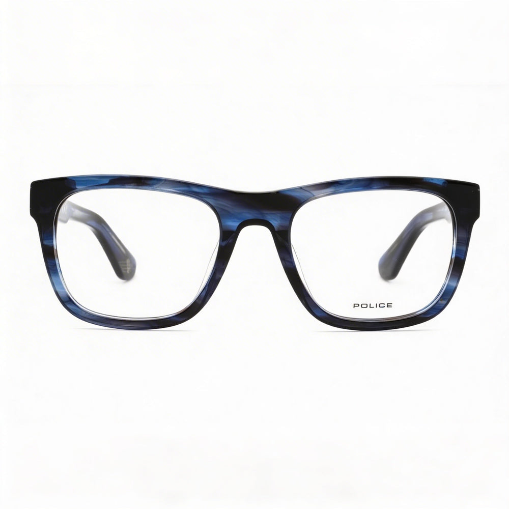 Police Casual Men's Eyeglasses with Shiny Streaked Blue Plastic Frame and Polycarbonate Lenses, 52mm