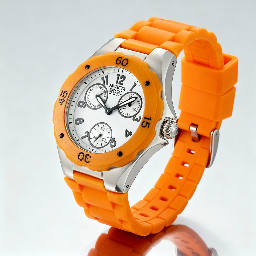 Reloj Invicta Casual de cuarzo multifunción para mujer, con correa de silicona naranja y blanca, caja de acero inoxidable, 38 mm