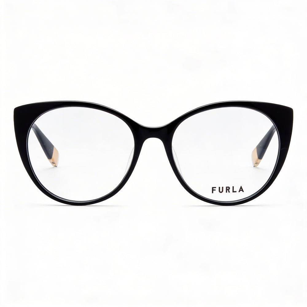 Furla VFU722 - Montura informal de acetato negro brillante para mujer con lentes de policarbonato transparente de 53 mm