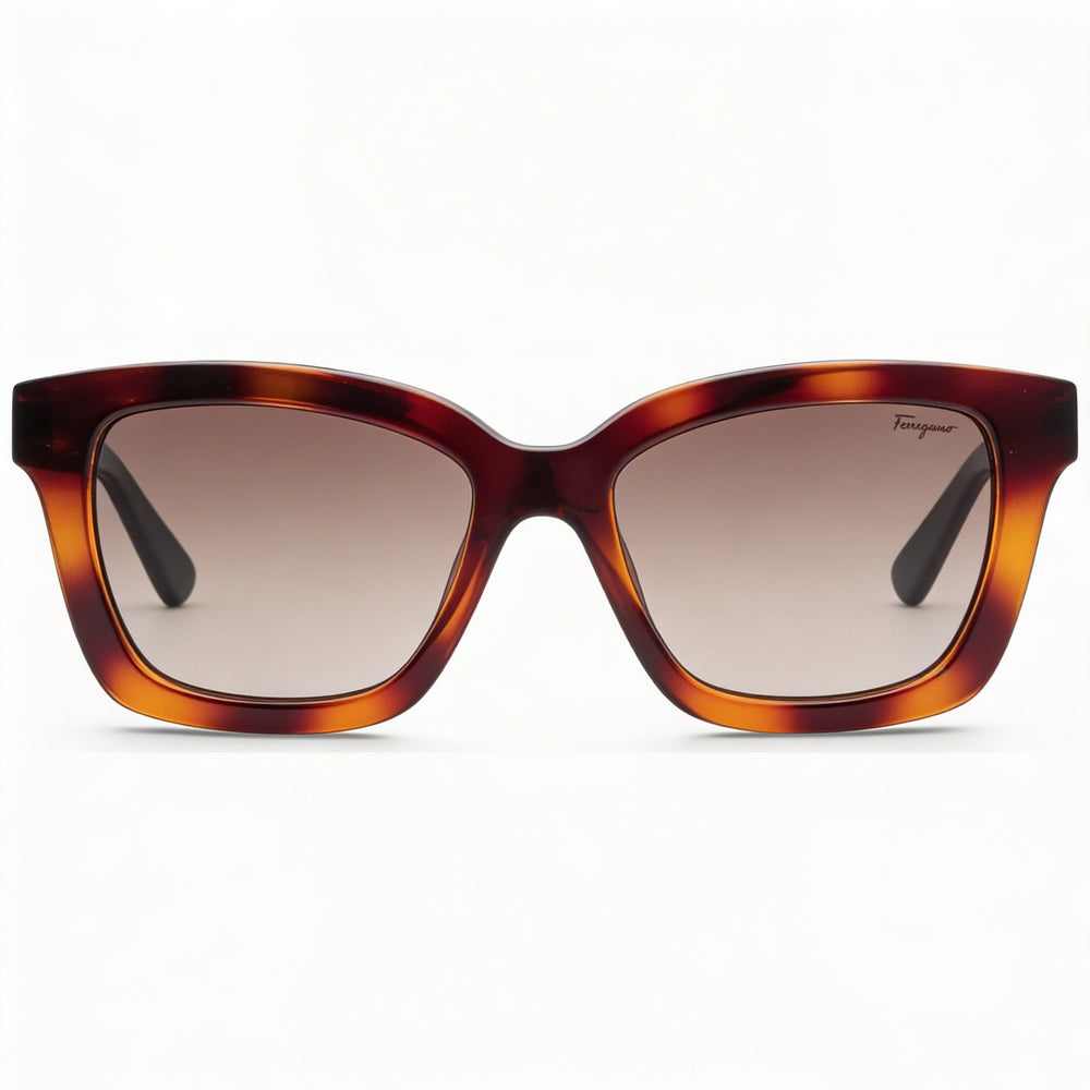 Gafas de sol clásicas unisex Ferragamo con montura de plástico Carey, lentes degradadas marrones sin polarizar y protección UV de 53 mm
