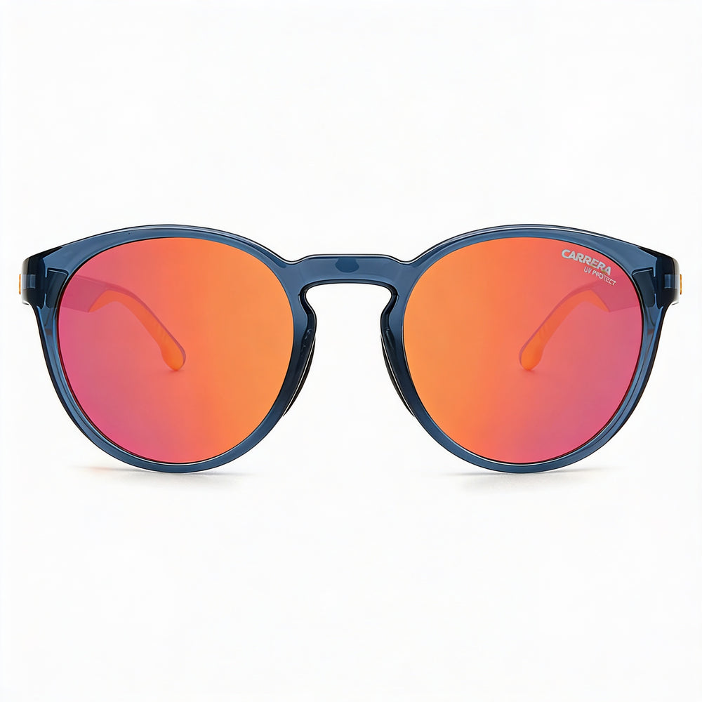 Gafas de sol Carrera 8056/S para hombre, montura azul pulida, lentes de espejo rojo fuego, protección UV, 51-22-145