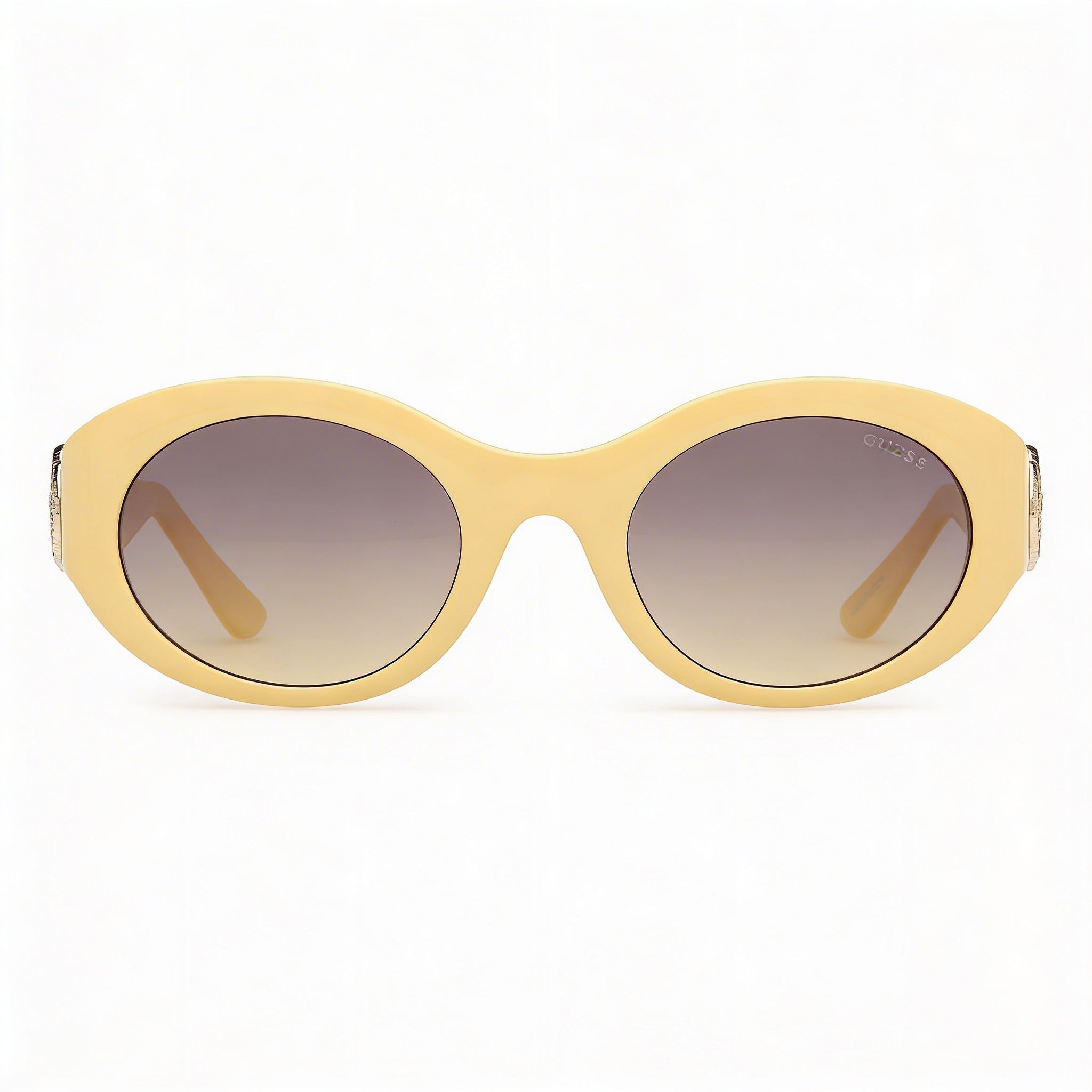 Gafas de sol ovaladas de plástico con peonías para mujer GUESS, montura amarilla clara brillante, lentes ahumadas degradadas, no polarizadas, protección 100% UV, 53 mm, Photo 2