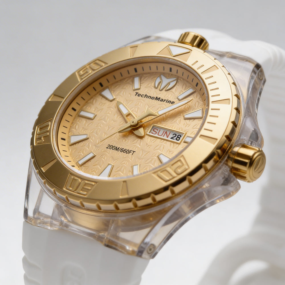 Technomarine Cruise TM-122014 Reloj unisex de cuarzo de acero inoxidable con esfera dorada y correa de silicona de 48 mm