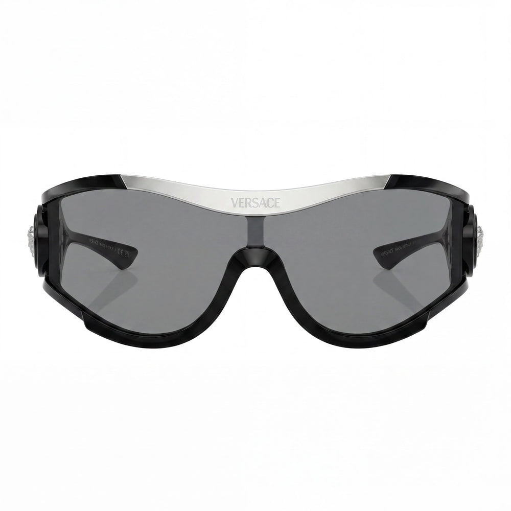 Gafas Versace Classic unisex de acetato negro con montura gris oscuro y lentes gris oscuro de 42 mm