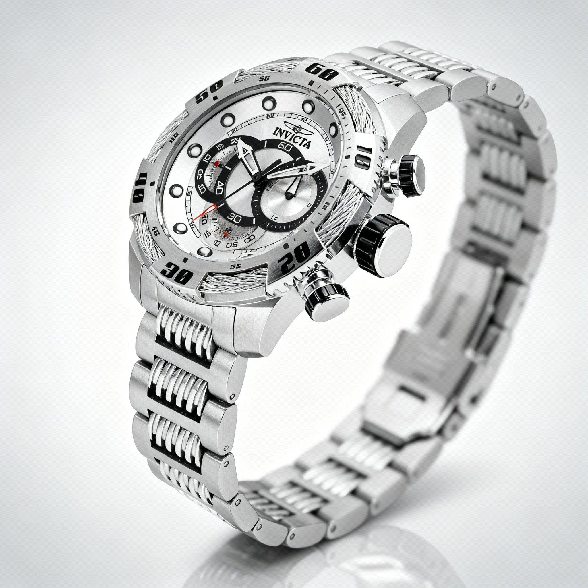 Invicta Bracelet Men's Chronograph GMT Silver Dial Stainless Steel Case & Bracelet 100M Water Resistant Watch 50mm