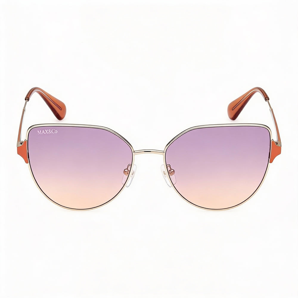 Gafas de sol modernas Max & Co. para mujer con montura metálica dorada y lentes degradadas de espejo dorado morado, protección UV, 57 mm