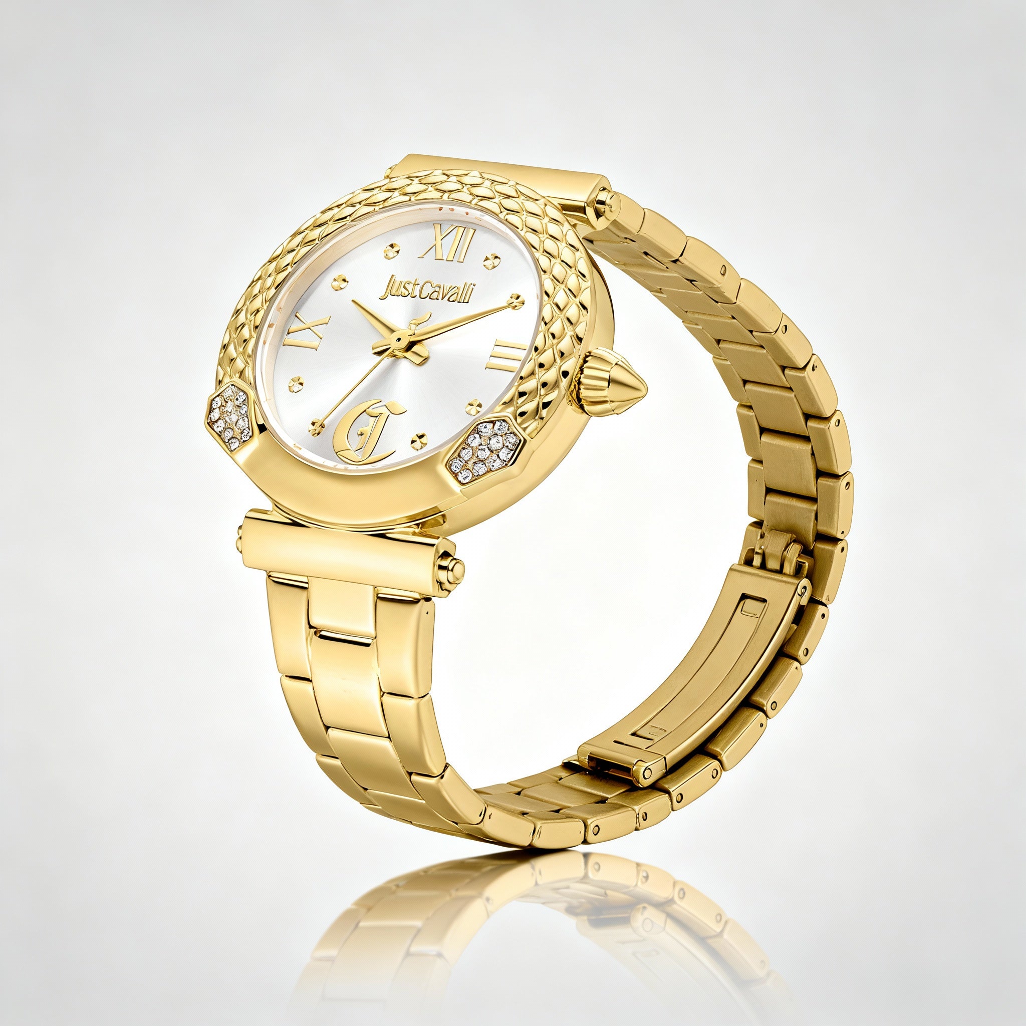 Just Cavalli Watch & Bracelet Set, Women's Yellow Gold SS, Silver Grey Dial, 24 Gemstones, 30mm Quartz