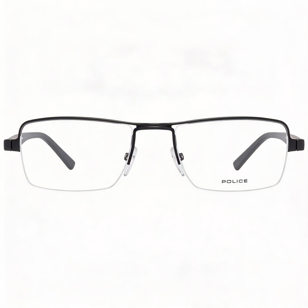 Gafas de sol Police modernas unisex de acetato negro y metal, con montura rectangular semi sin montura y lentes de policarbonato transparente, talla 52