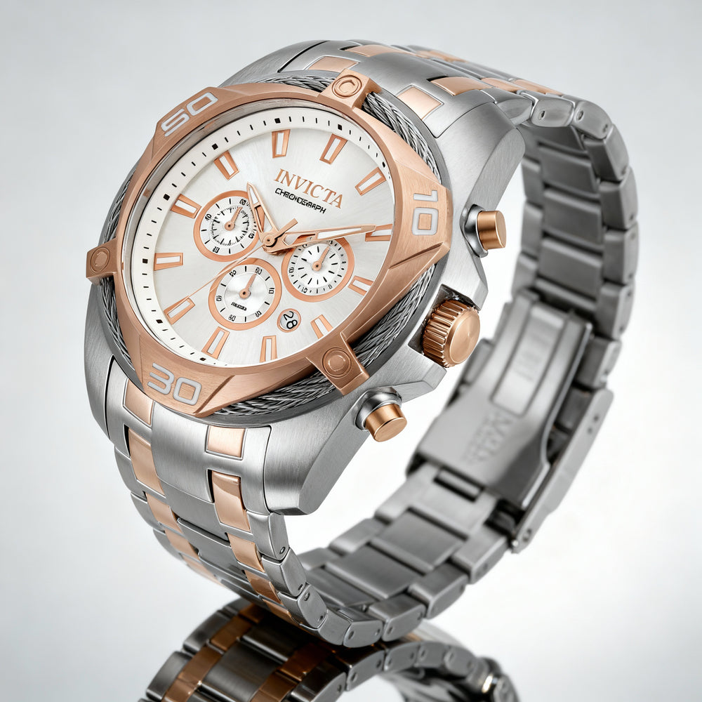 Reloj de cuarzo Invicta Bolt Chronograph para hombre, de acero inoxidable, bicolor, plateado y oro rosa, de 50 mm