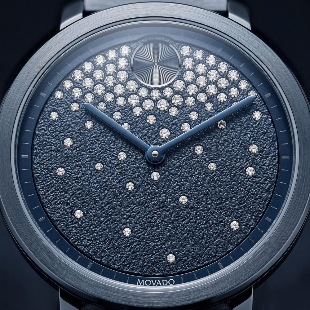 Movado BOLD Reloj de cuarzo de acero inoxidable chapado en iones azules de 34 mm para mujer con esfera esmerilada y cristales en cascada