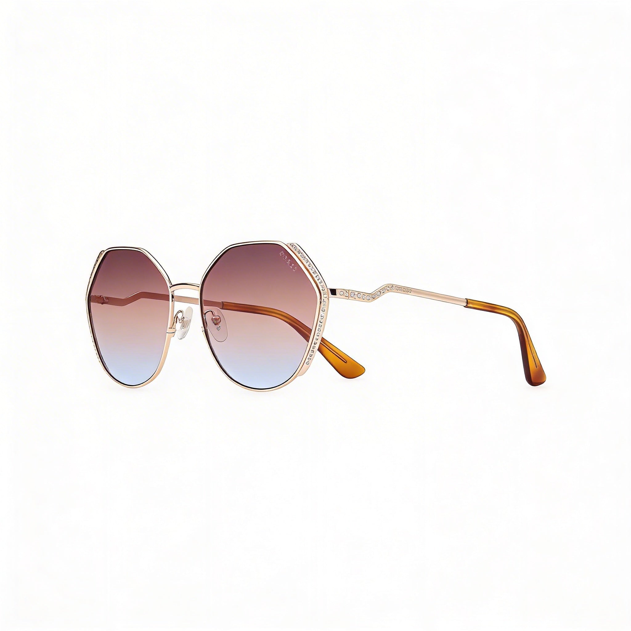 GUESS Gafas de sol de mujer de metal dorado con piedras geométricas, oversize, 100% protección UV, lentes degradadas marrones, 58 mm, Photo 3
