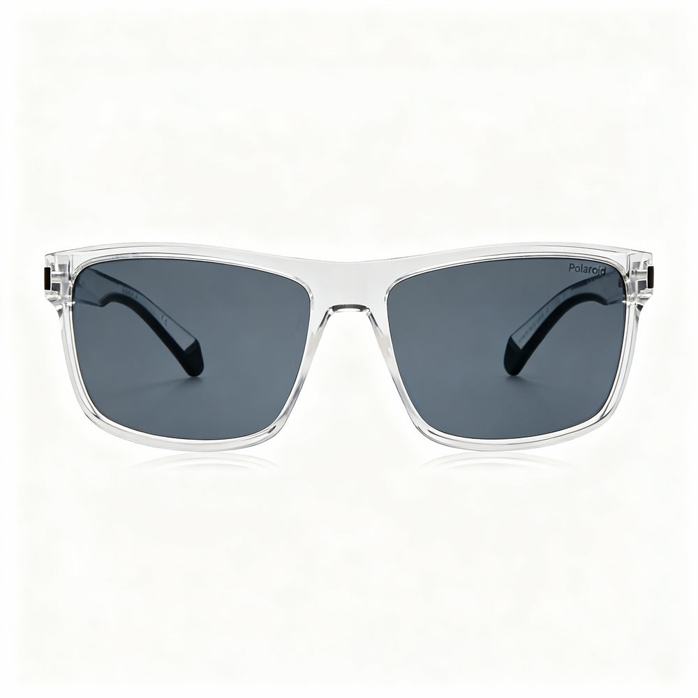 Polaroid Rectangular Crystal Polycarbonate Polarized Unisex Sunglasses, Crystal Black, Grey Mirror Silver Lenses, 58mm