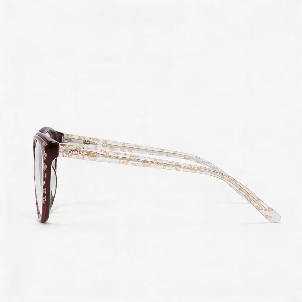 Monturas de gafas color borgoña para mujer de Bebe, diseñadas para acomodar lentes recetados y equipadas con lentes transparentes de demostración.