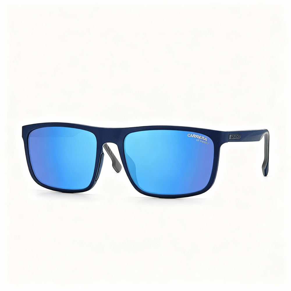 Carrera 8047/S Unisex Lightweight Polyamide Rectangle Asian Fit Blue Sunglasses, Blue Gray Mirrored Lenses, 58mm