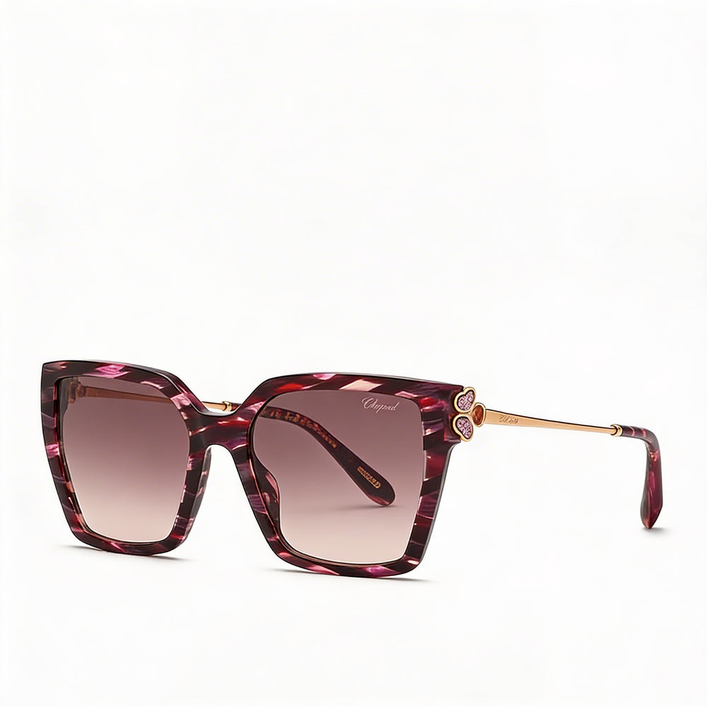 Gafas de sol Chopard casuales de mujer a rayas color burdeos de acetato de celulosa, lentes degradadas marrones, protección UV 56-18-135
