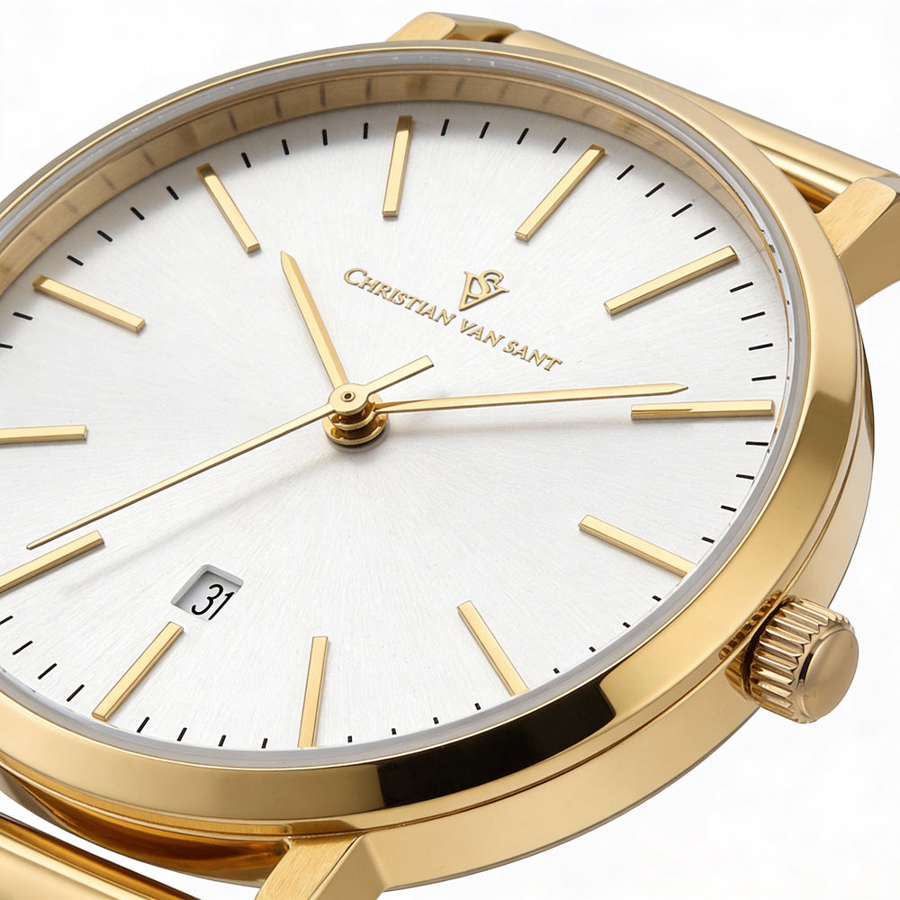 Reloj de cuarzo Christian Van Sant Paradigm para mujer, con esfera plateada, caja y pulsera de acero inoxidable y fecha.