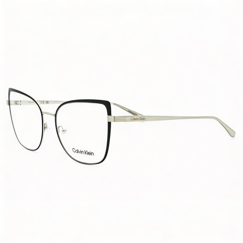 Gafas unisex Calvin Klein CK22101 Cat Eye con montura de metal negro y plateado, lentes de 54 mm de ancho