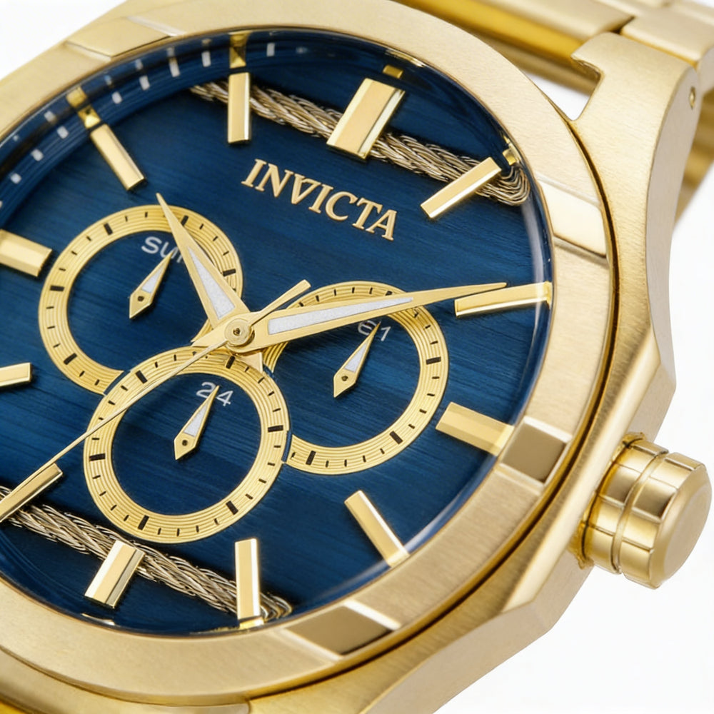 Invicta bracelet Men's Gold Tone Stainless Steel Blue Dial Water Resistant Day Date 24-Hour 48mm Watch