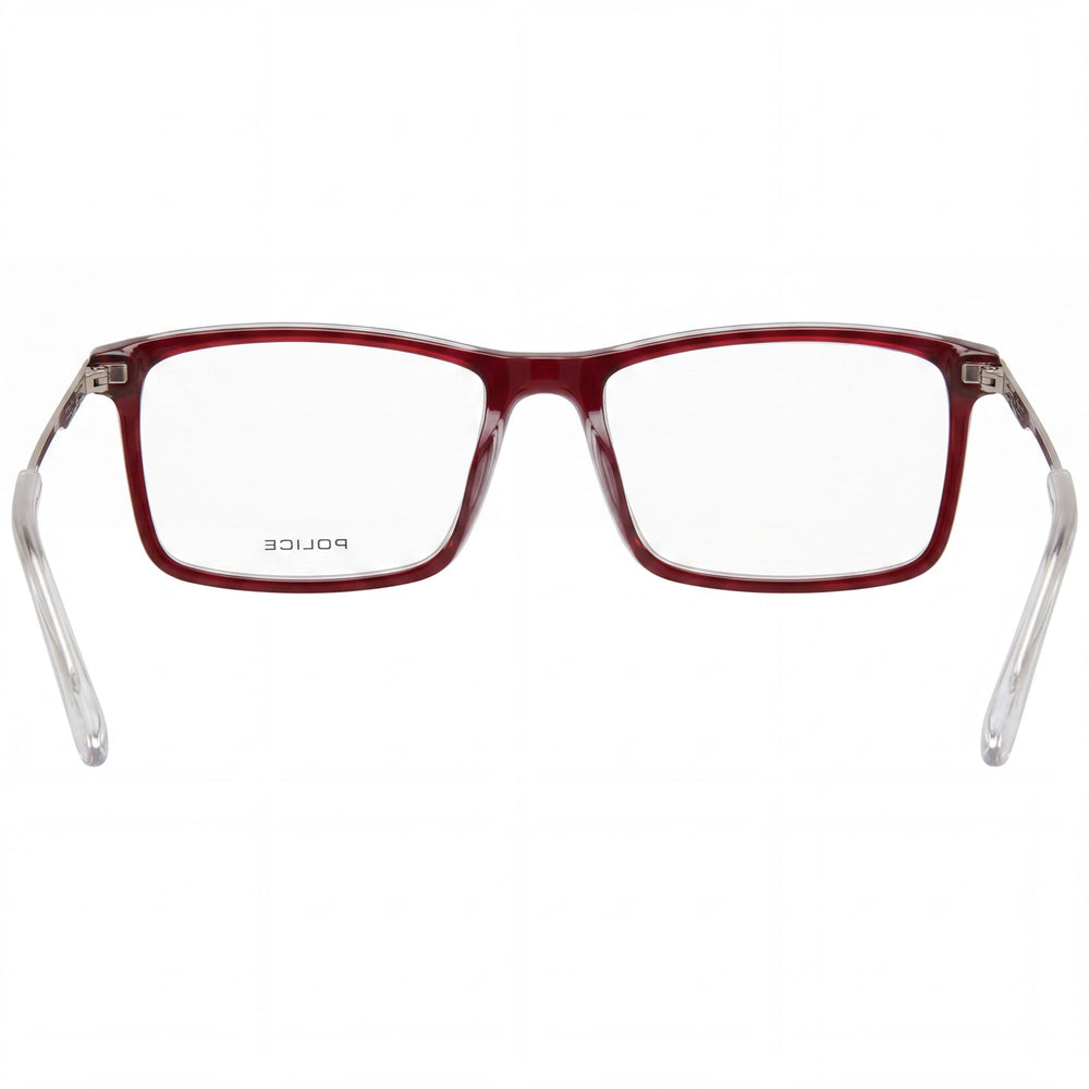 Montura óptica Police Classic para hombre en color burdeos con combinación de aceite y metal, 52/16/145, con lentes transparentes de demostración
