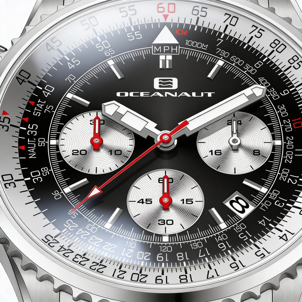 Reloj Oceanaut para hombre, con esfera negra, caja y pulsera de acero inoxidable, cronógrafo, resistente al agua hasta 100 m.