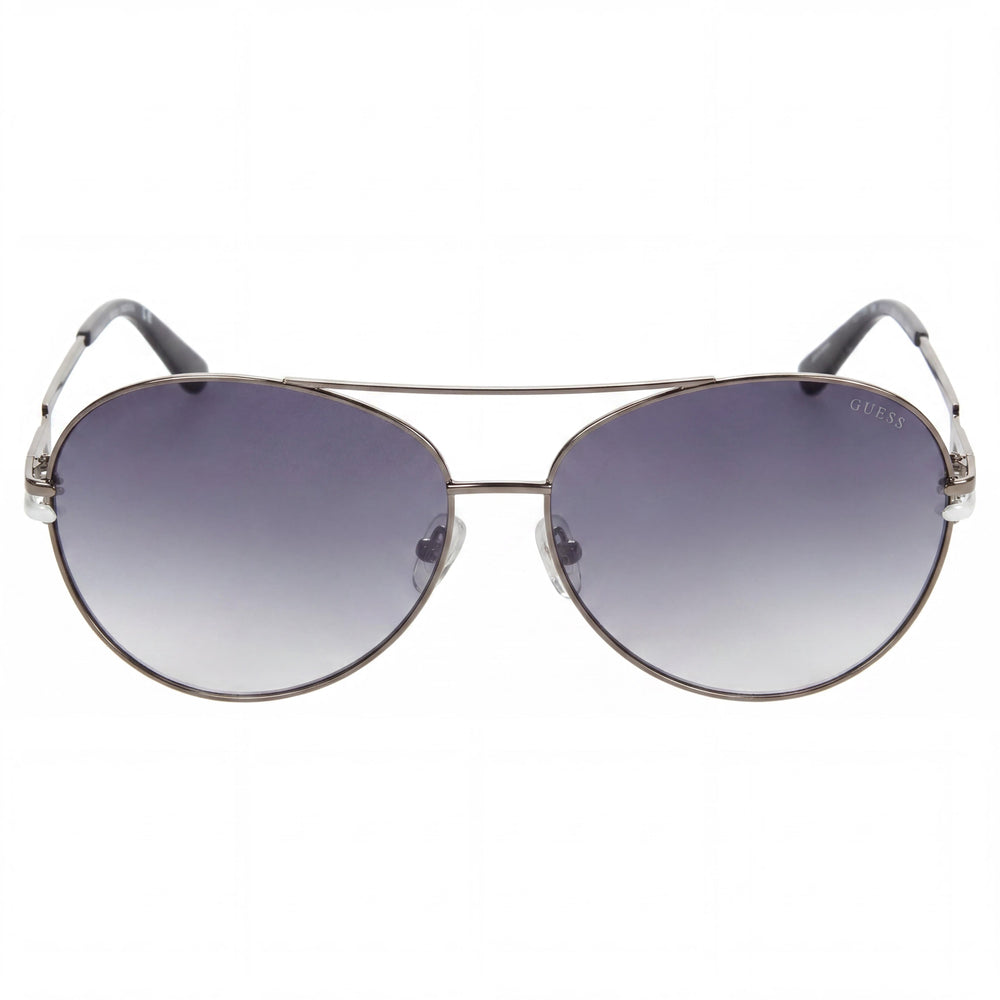 GUESS GU773508B64 Gafas de sol de aviador metálicas para mujer, gris plomo brillante, lentes degradadas humo, protección UV400, 64mm