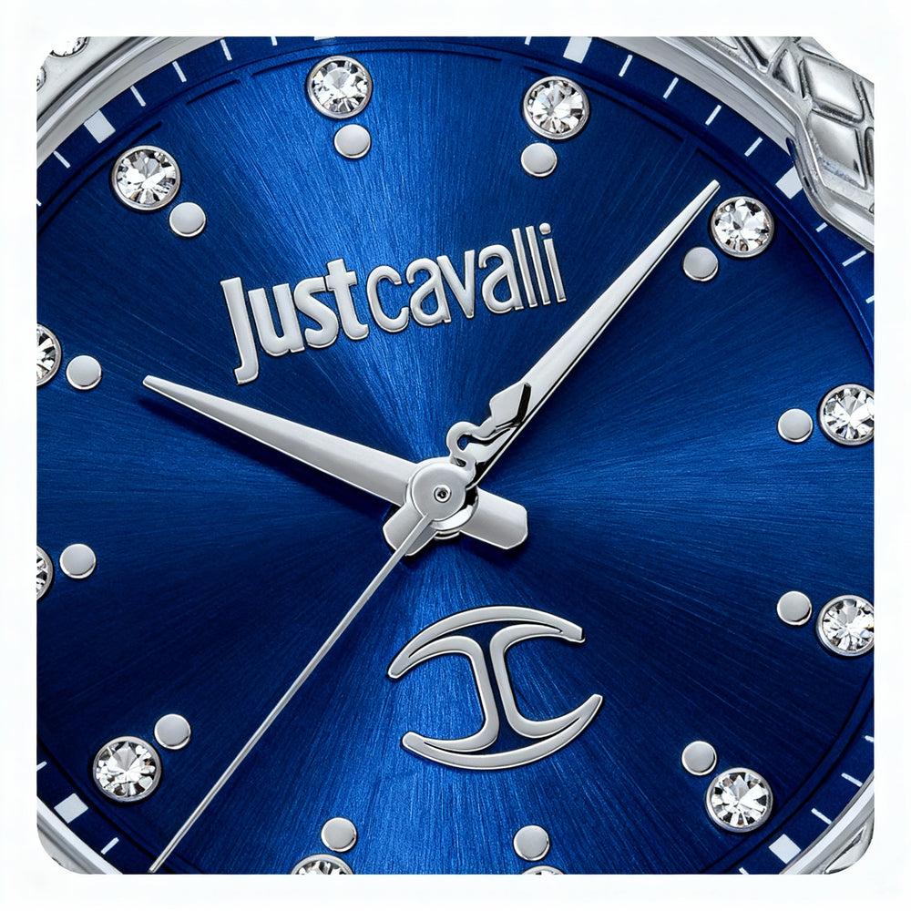 Reloj Just Cavalli Fashion para mujer, resistente al agua, de acero inoxidable plateado, con correa de piel negra y esfera azul.