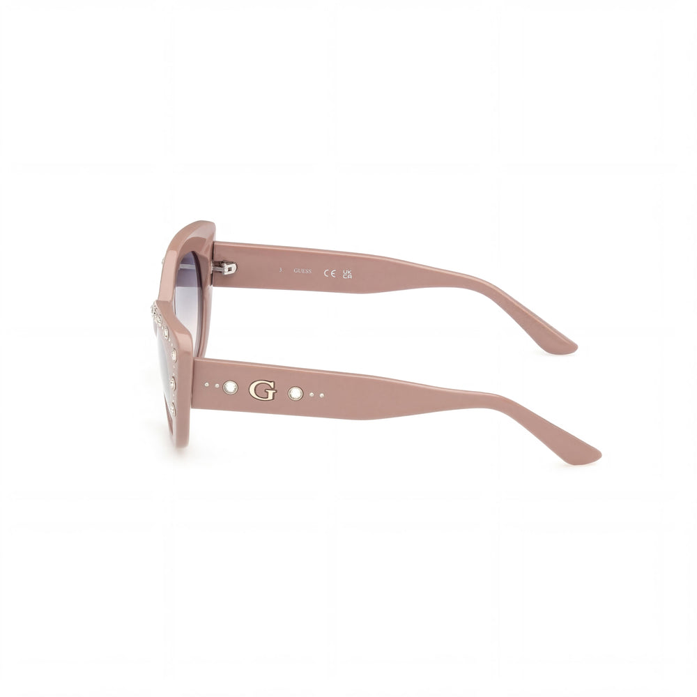 GUESS Gu00163 Gafas de sol unisex tipo ojo de gato con montura de plástico brillante beige, lentes azules degradadas de 54 mm, con protección UV