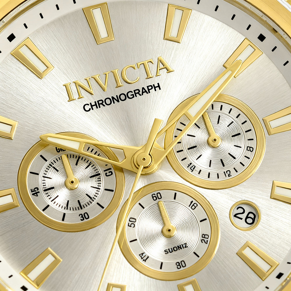 Reloj cronógrafo Invicta Bolt de acero inoxidable dorado para hombre con correa de pulsera, caja de 50 mm y cristal Flame Fusion.