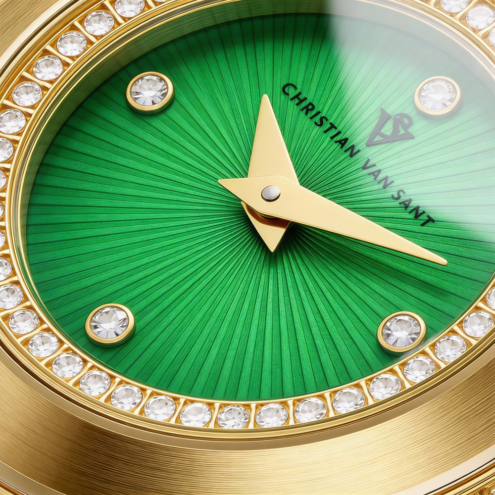 Reloj de cuarzo para mujer de Christian Van Sant, acero inoxidable, esfera verde, resistente al agua.