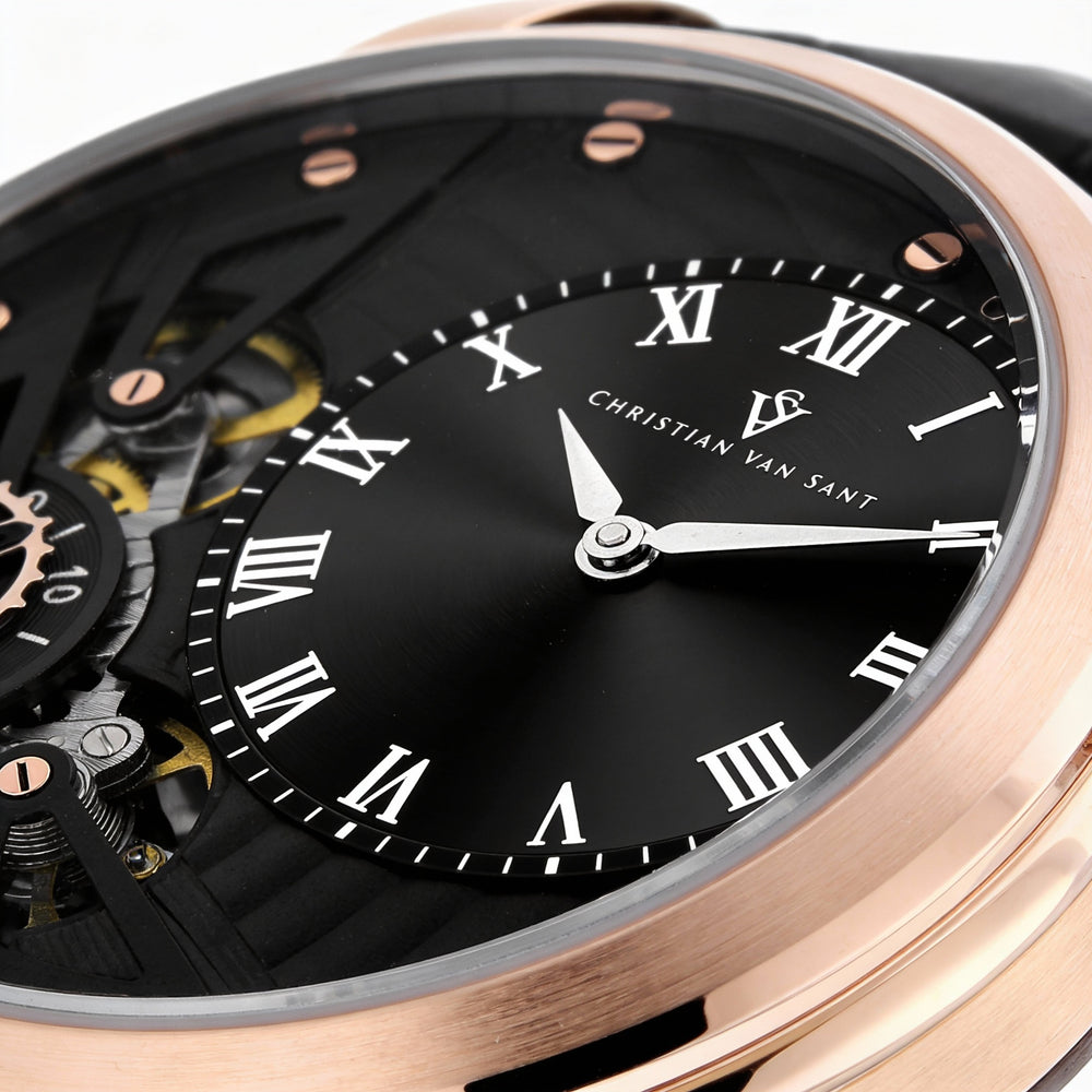 Christian Van Sant Quartz Movement Men's Stainless Steel Case Leather Strap Black Dial Water Resistant Watch