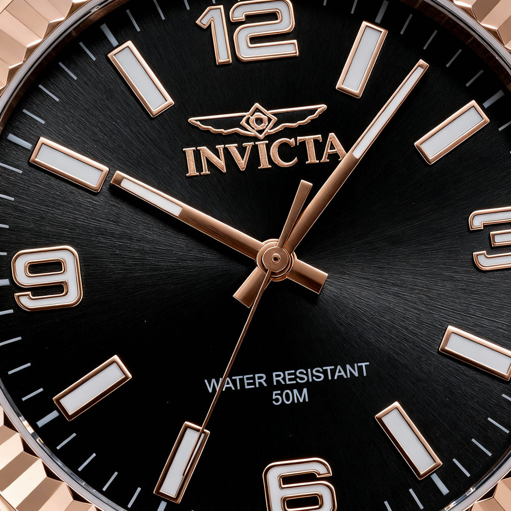 Reloj unisex Invicta Specialty 47461 de 43 mm con pulsera de cuarzo y acero inoxidable en oro rosa y esfera negra.