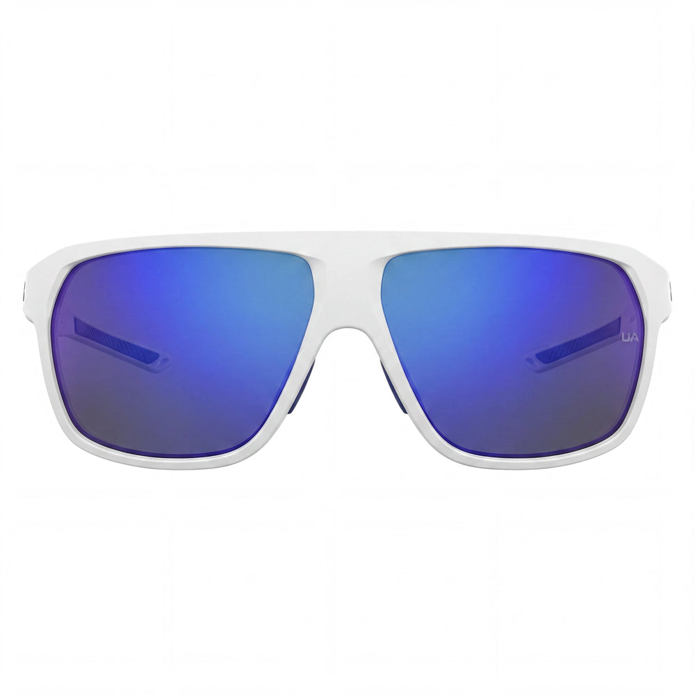 Gafas de sol unisex Under Armour Dominate rectangulares de poliamida no polarizadas con protección UV, blanco mate y azul espejado, 62 mm