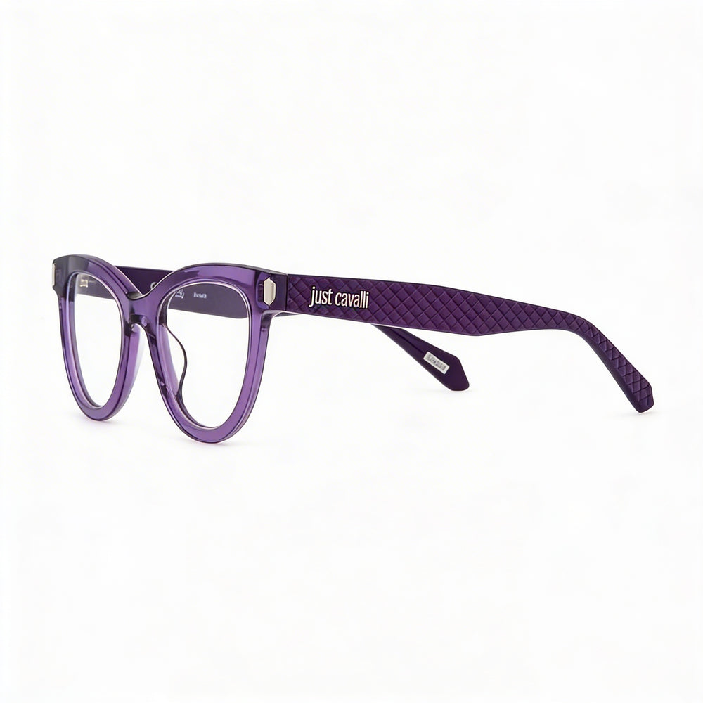 Montura de acetato para mujer Just Cavalli Vjc004v en violeta transparente, lentes de 51 mm, puente de 20 mm, patillas de 140 mm