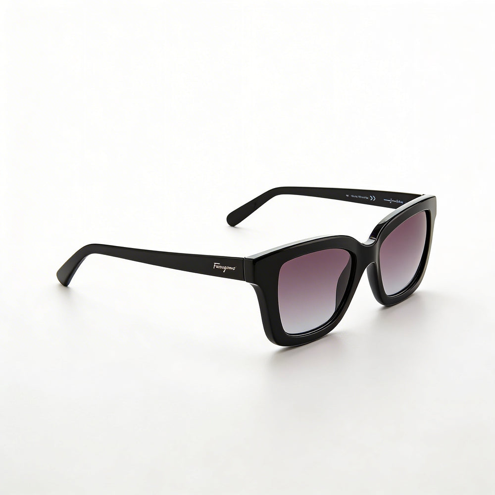 Gafas de sol cuadradas para mujer Ferragamo SF955S, montura de plástico negra y dorada, cristales grises degradados con 100 % de protección UV, 53 mm