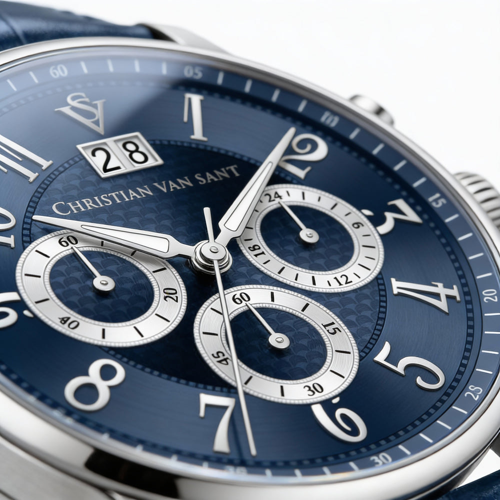 Christian Van Sant Men's Chronograph Watch featuring a Blue Dial, Stainless Steel Case, and Leather Strap