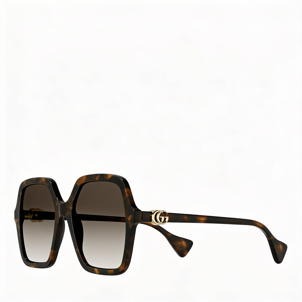 Gucci Gg1072s-002 Women's Square Shiny Dark Brown Havana Plastic Sunglasses with Gradient Brown Lenses 56mm
