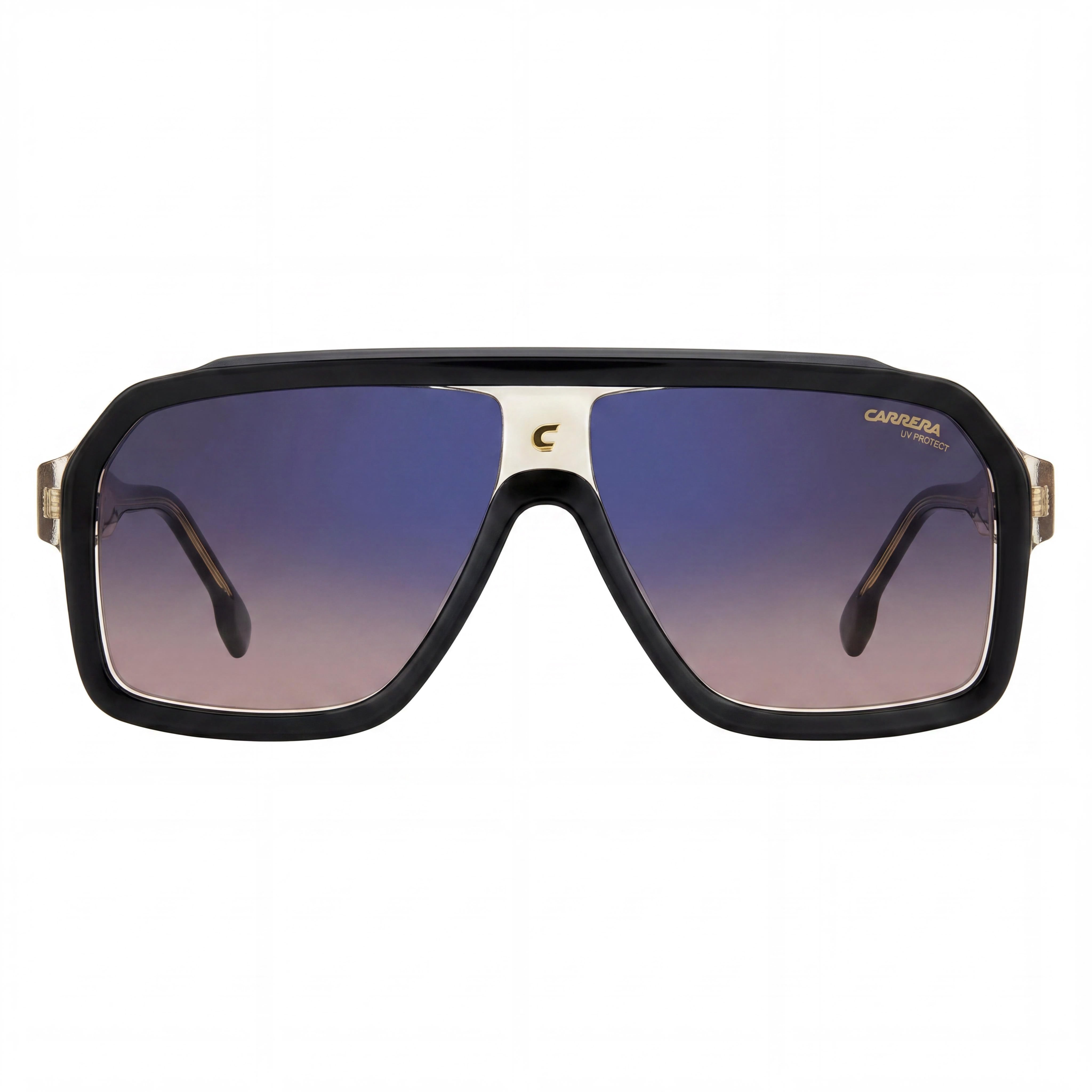 Gafas de sol Carrera Classic unisex de acetato, montura negra, beige y marrón, lentes de espejo azul con degradado marrón, protección UV de 60 mm., Photo 2