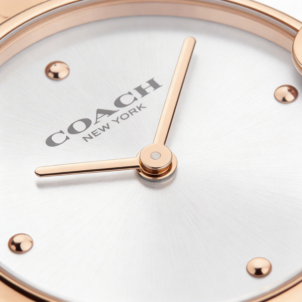 Reloj Coach Arden para mujer con brazalete icónico de acero chapado en oro rosa y esfera blanca plateada, 28 mm