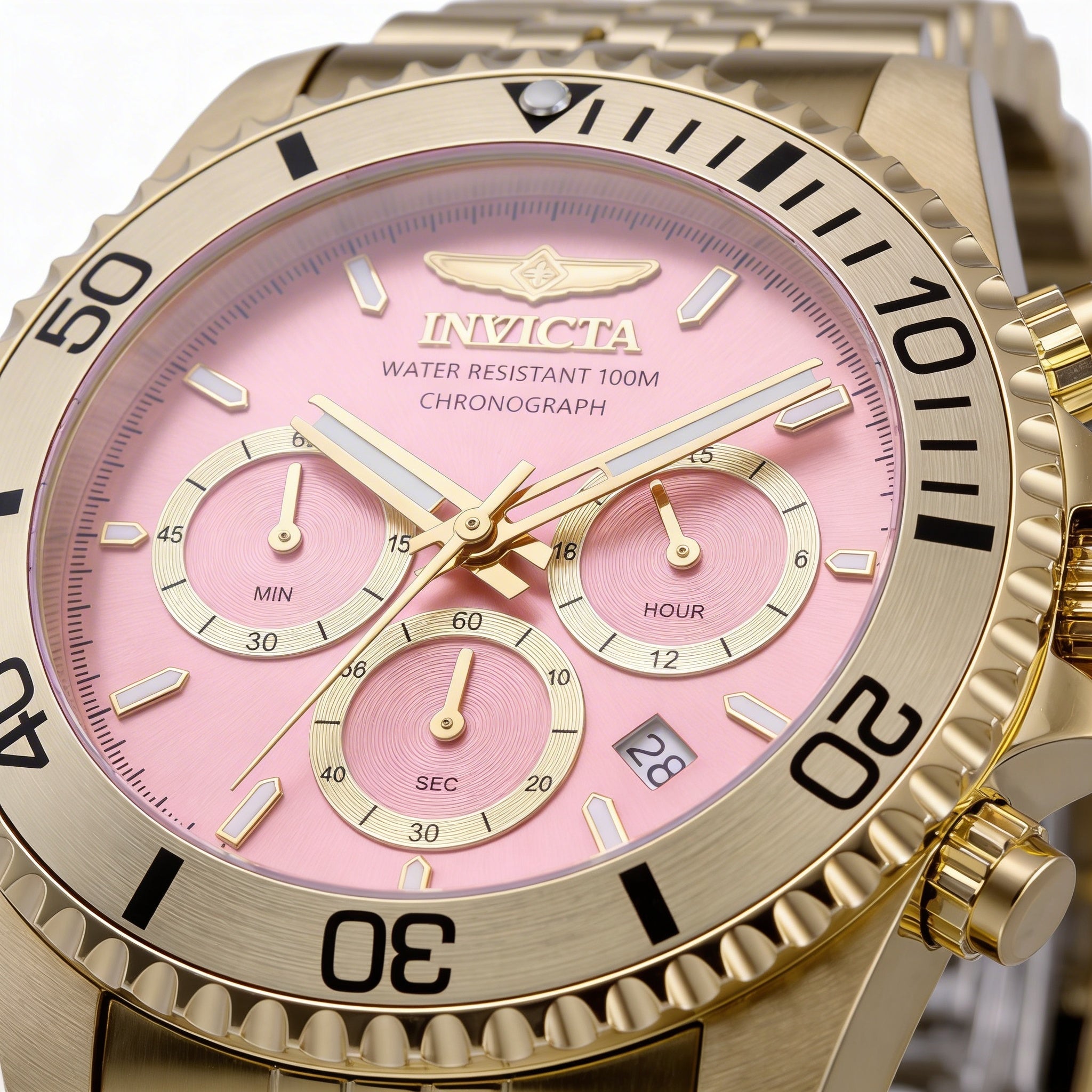 Invicta Pro Diver 49836 Unisex Quartz Chronograph Watch, Gold Case, Pink Dial, Stainless Steel Bracelet, 43mm, Photo 2