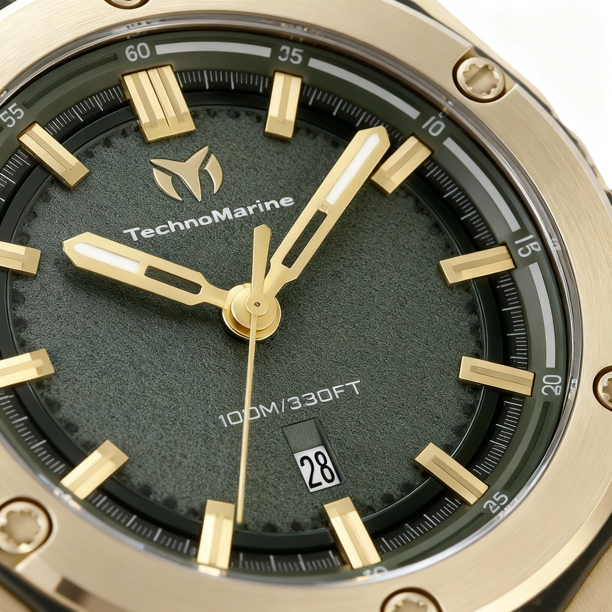 TechnoMarine TM-416070 Coral Unisex Olive Green Dial Gold Tone Plastic Stainless Steel Silicone Band Watch 45mm
